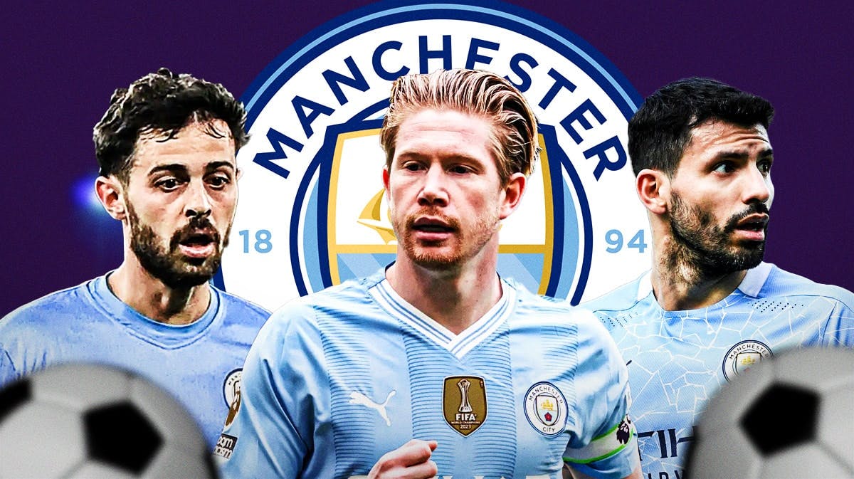 Kevin De Bruyne, David Silva, Sergio Aguero in front of the Manchester City logo