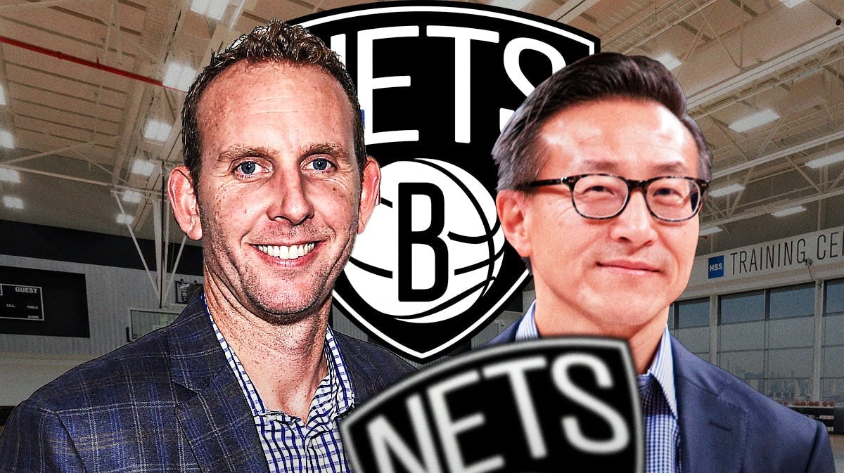 Sean Marks on one side and Joe Tsai on the other with a Nets logo somewhere