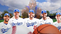 Dodgers players smiling with the ghost of Kobe Bryant in the background.