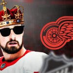 Detroit Red Wings center Dylan Larkin wearing a crown and sunglasses next to a logo of the Detroit Red Wings.