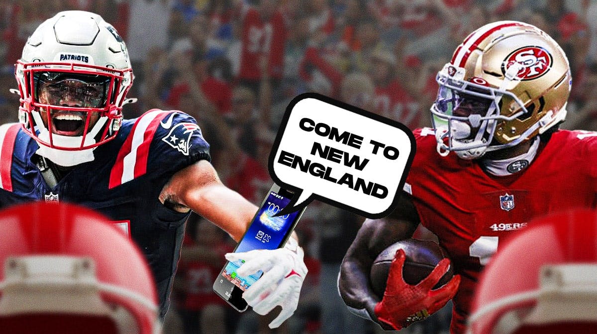Patriots wide receiver Kendrick Bourne with a phone in his hands and a word bubble saying “Come to New England”. San Francisco 49ers wide receiver Brandon Aiyuk is on the other side of the image.