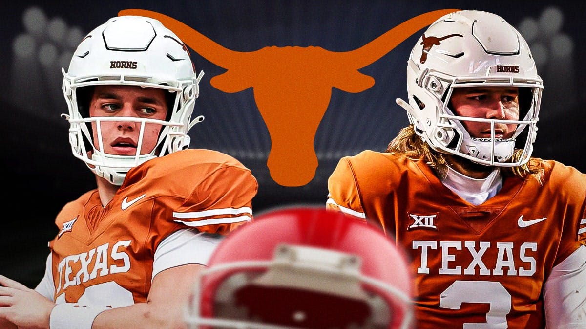 Arch Manning and Quinn Ewers with Texas logo