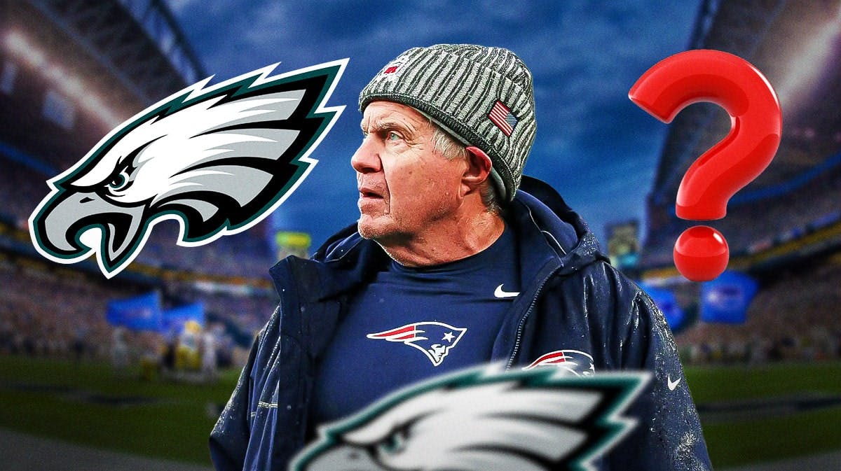 Former New England Patriots head coach Bill Belichick in the middle of the image with the Philadelphia Eagles logo on one side of him and an equally sized question mark on the other side.