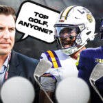 Washington Commanders general manager Adam Peters standing next to LSU quarterback Jayden Daniels and University of Michigan quarterback J.J. McCarthy. Everyone is holding a golf club and Adam Peters has a speech bubble that says “Top Golf, anyone?”