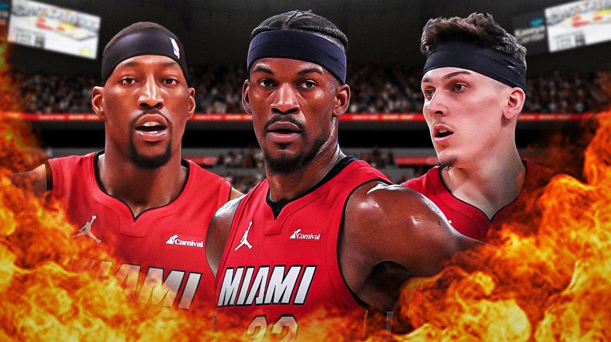 Miami Heat stars Jimmy Butler, Bam Adebayo, and Tyler Herro in front of the Kaseya Center.