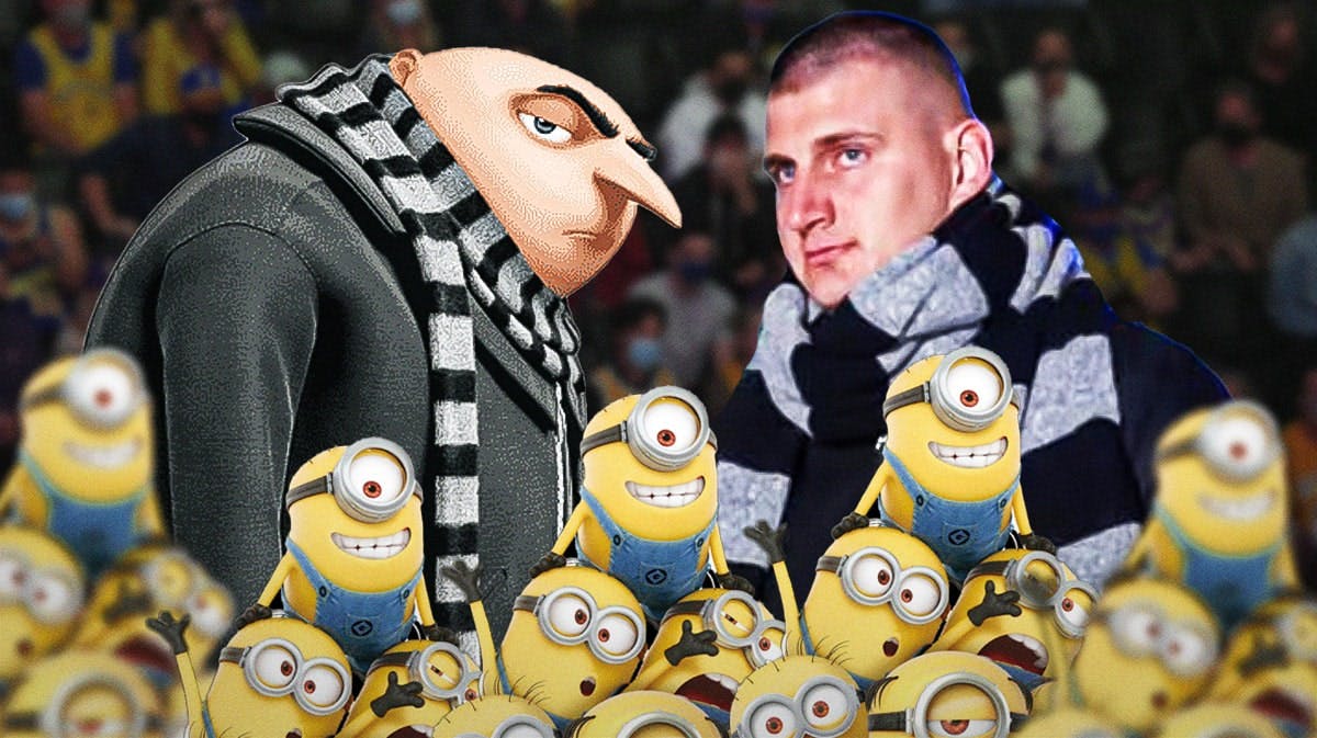 Gru from Despicable Me next to Denver Nuggets player Nikola Jokic and the Minions