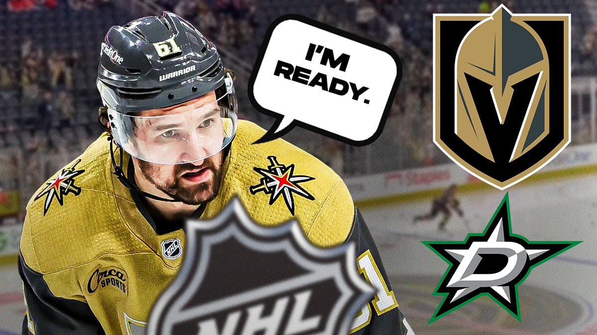 Vegas Golden Knights forward Mark Stone with a speech bubble “I’m ready.” next to logos for the Vegas Golden Knights and Dallas Stars