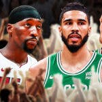 Miami Heat stars Bam Adebayo and Jaime Jaquez Jr. next to Boston Celtics stars Jayson Tatum and Kristaps Porzingis in front of TD Garden.