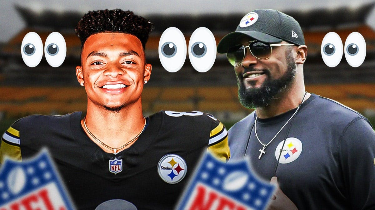Justin Fields in a Pittsburgh Steelers uniform on one side, Mike Tomlin on the other side, a bunch of the big eyes emojis in the background
