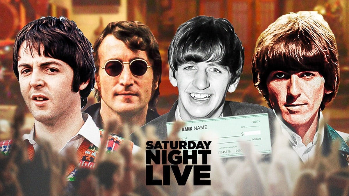 The Beatles members Paul McCartney, John Lennon, Ringo Starr, and George Harrison with SNL (Saturday Night Live) logo.