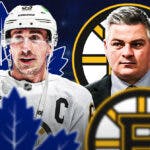 Brad Marchand in image looking happy, Sheldon Keefe looking stern, TOR Maple Leafs and BOS Bruins logos, hockey rink in background