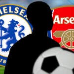 The silhouette of Estevao Willian in front of the Chelsea and Arsenal logos