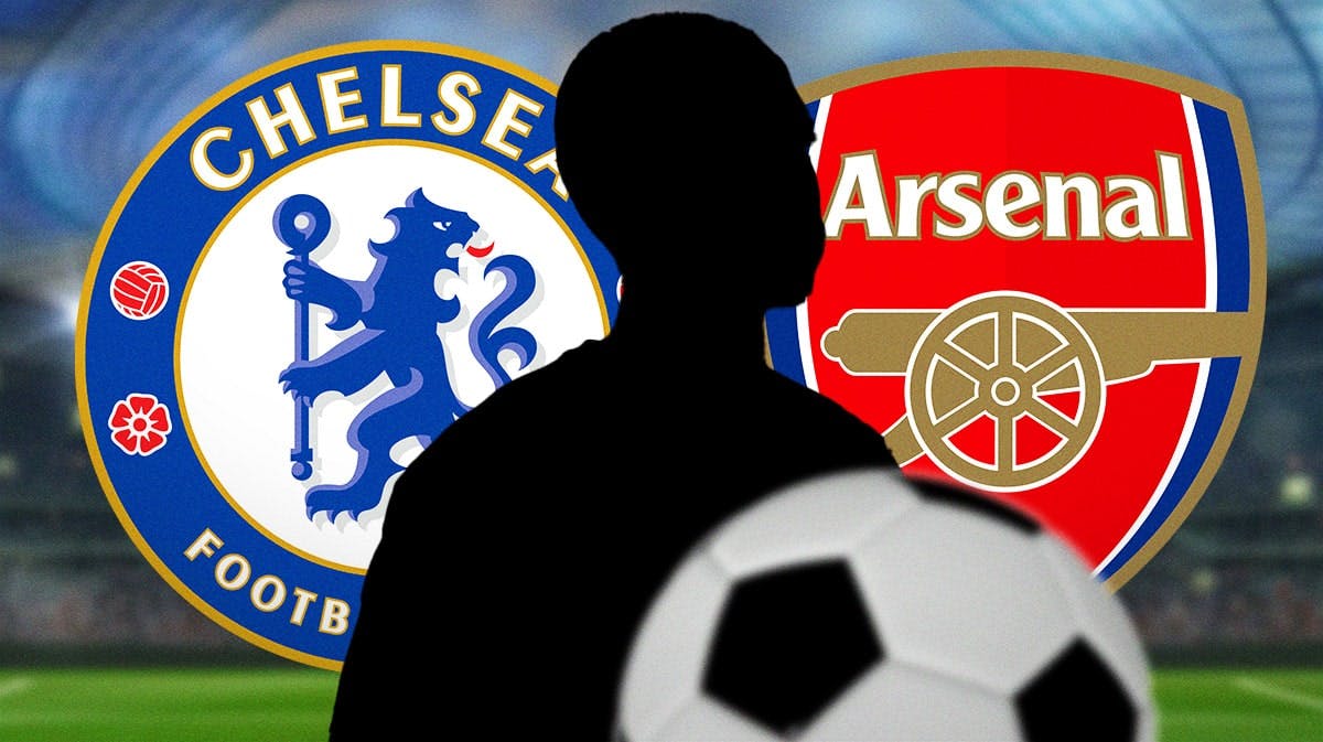 The silhouette of Estevao Willian in front of the Chelsea and Arsenal logos