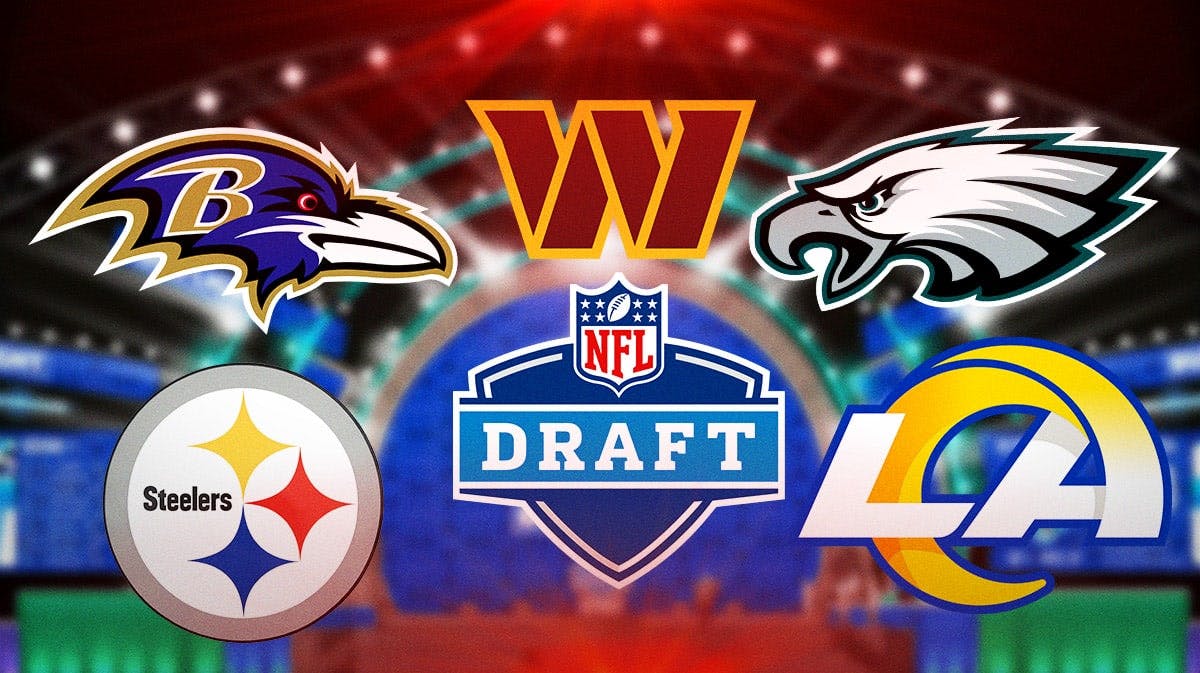 NFL Draft logo with Washington Commanders, Baltimore Ravens, Pittsburgh Steelers, Philadelphia Eagles, Los Angeles Rams
