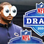 Bears GM Ryan Poles with emoji eyes looking at the 2024 NFL Draft logo