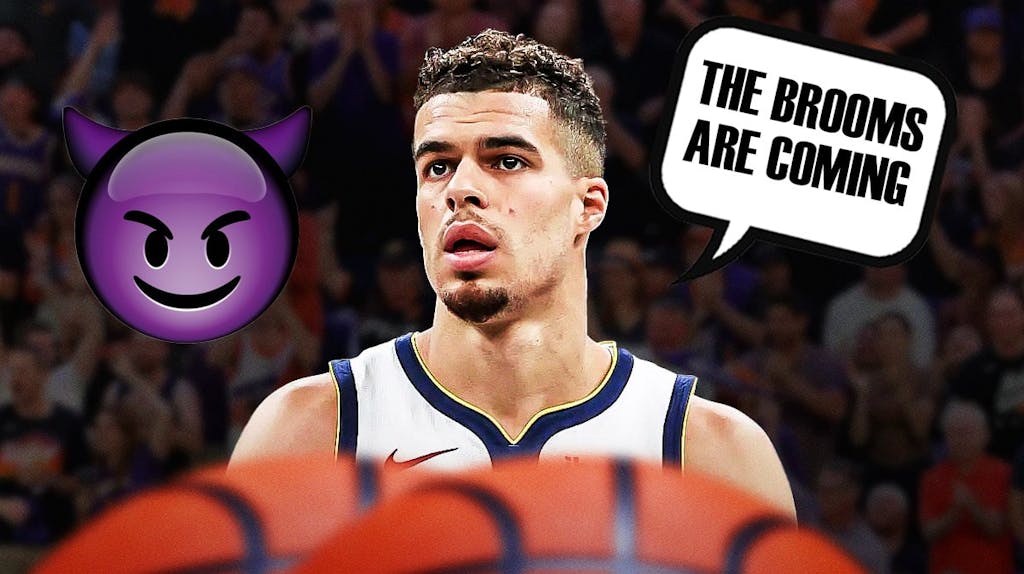 Michael Porter Jr. saying "the brooms are coming" with purple devil emoji