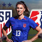 Alex Morgan sad/looking down in front of the USWNT and NWSL logos