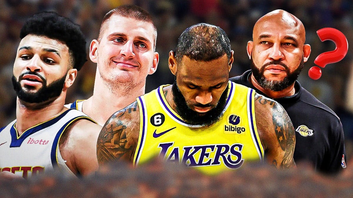 Lakers' LeBron James and Darvin Ham looking upset next to Nikola Jokic and Jamal Murray