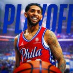 76ers' Cam Payne in front of the NBA playoffs logo