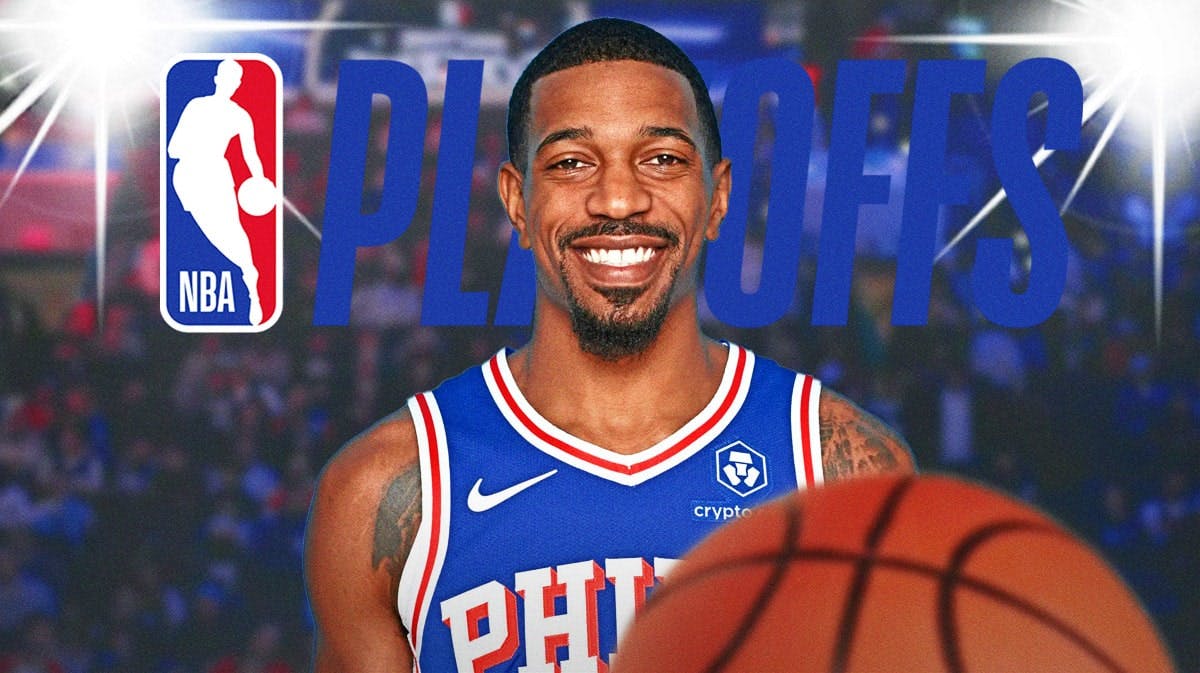 76ers' De'Anthony Melton in front of the NBA playoffs logo