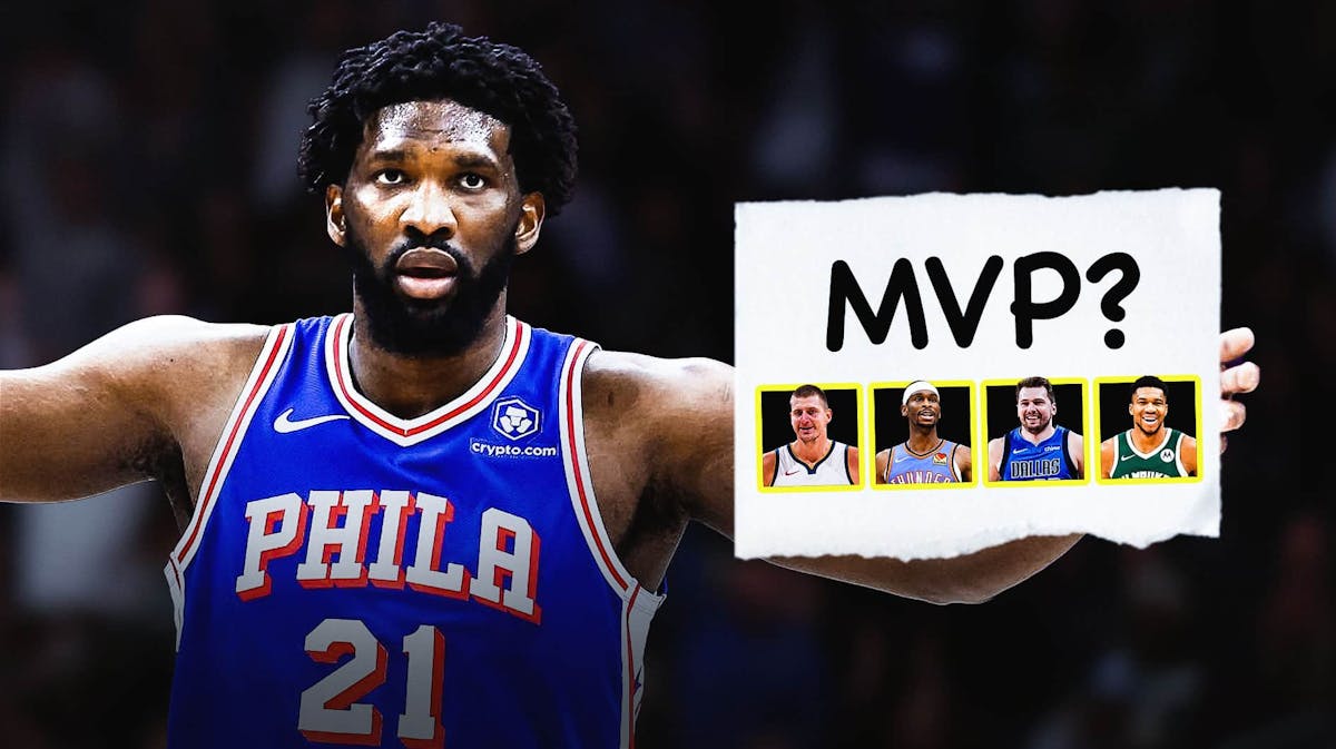 76ers' Joel Embiid holding a sign that says "MVP? with pictures of Nikola Jokic, Shai Gilgeous-Alexander, Luka Doncic and Giannis Antetokounmpo