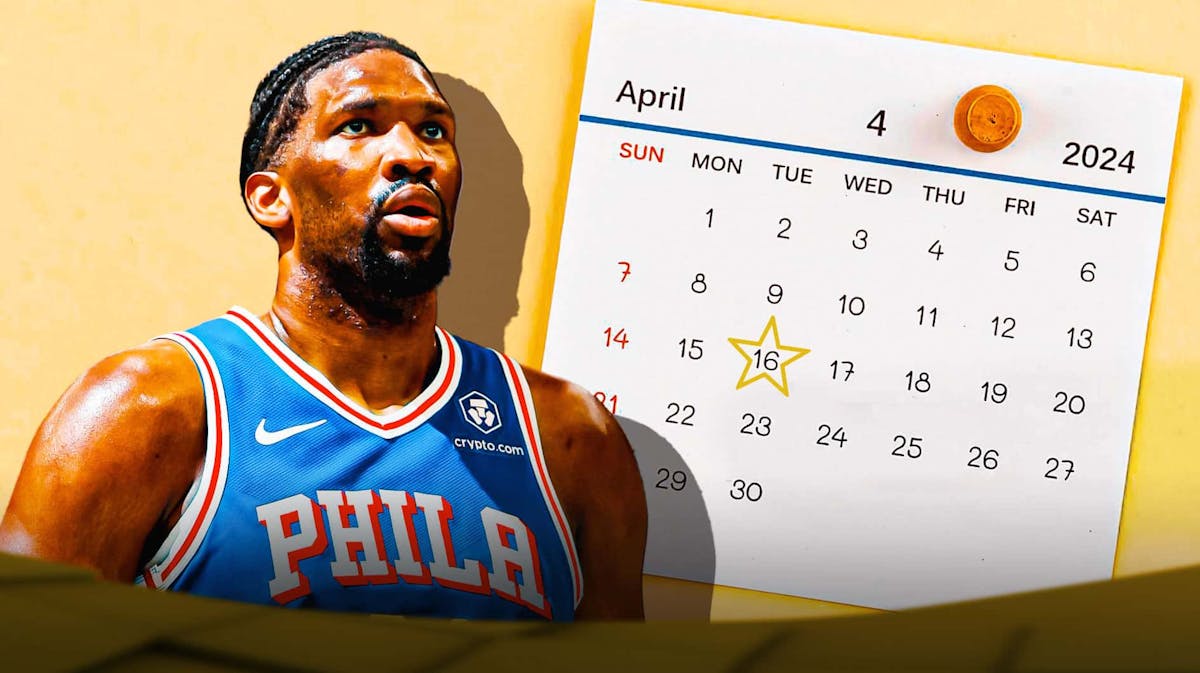 76ers' Joel Embiid in front of a calendar with April 16th outlined in a star