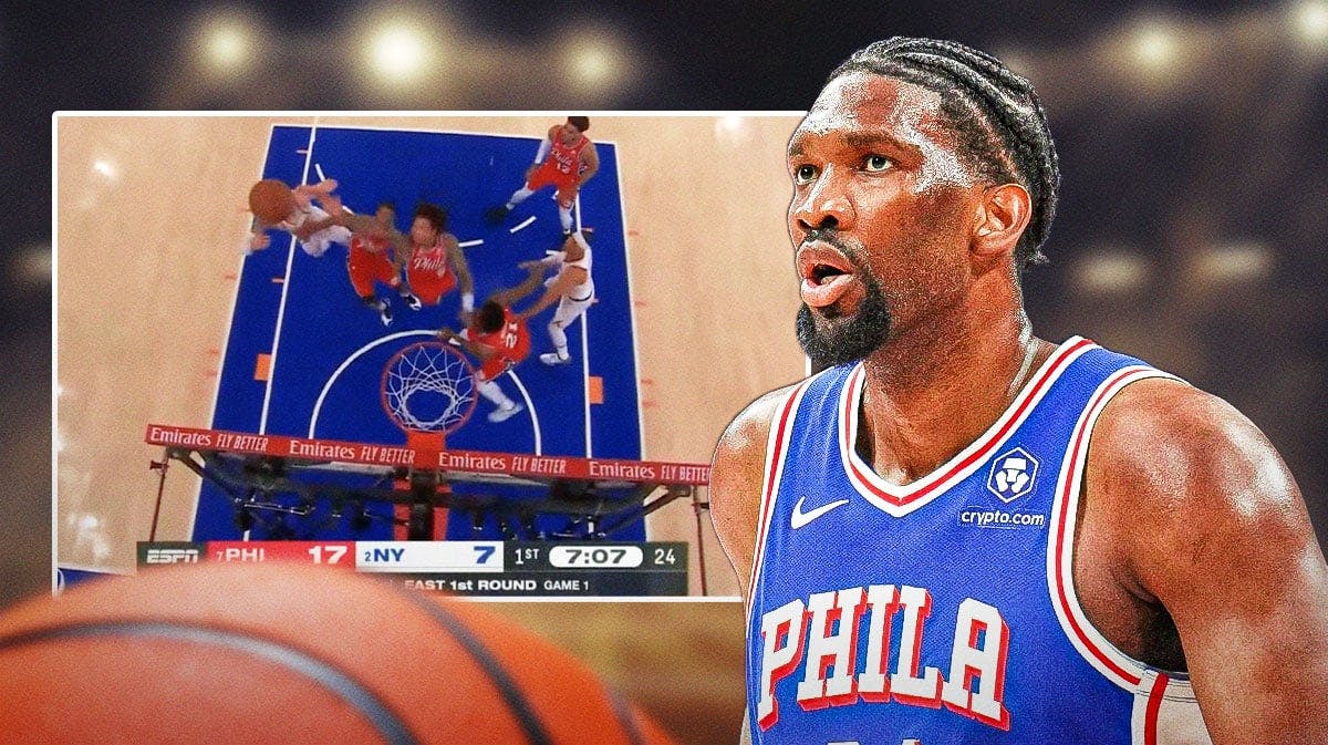 76ers' Joel Embiid next to a screenshot of Game 1 vs. the Knicks
