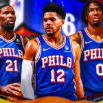 76ers' Joel Embiid, Tobias Harris and Tyrese Maxey
