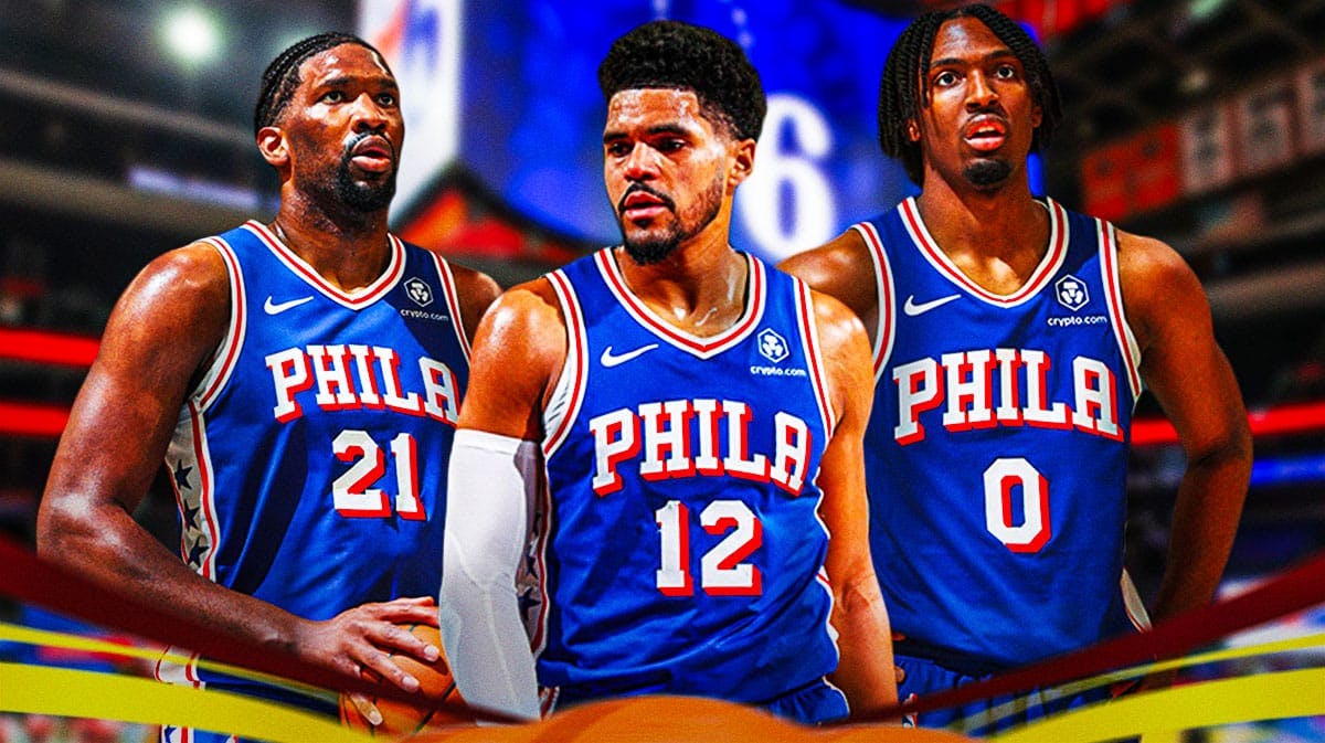 76ers' Joel Embiid, Tobias Harris and Tyrese Maxey
