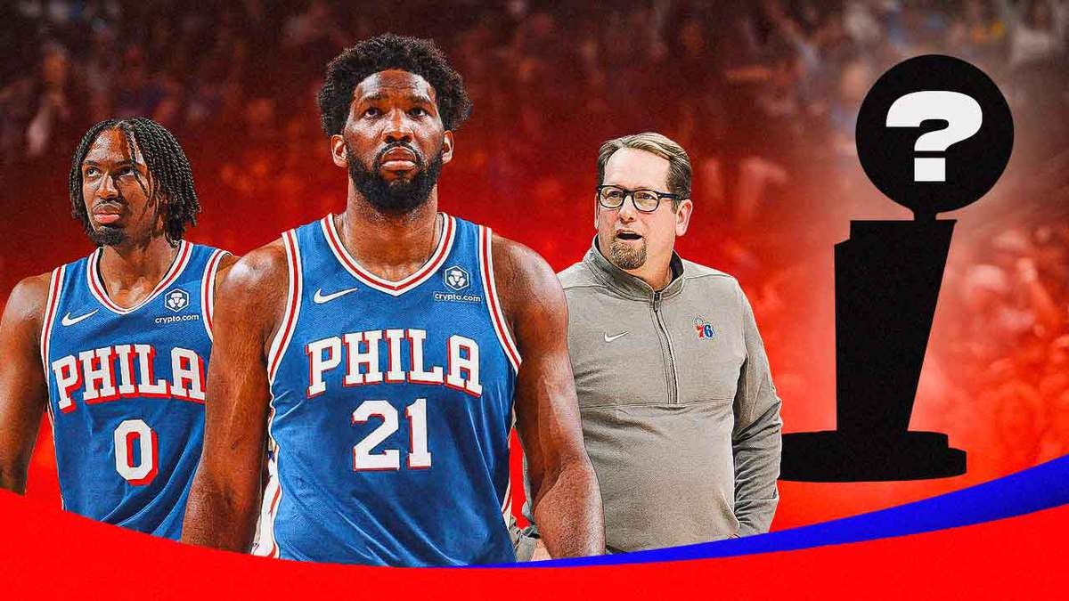 76ers' Joel Embiid, Tyrese Maxey and Nick Nurse next to a silhouette of the Larry O'Brien trophy