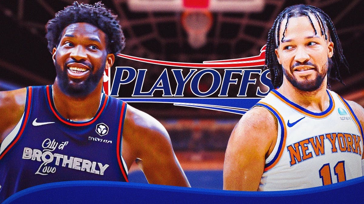76ers' Joel Embiid and Knicks' Jalen Brunson in front of the NBA playoffs logo