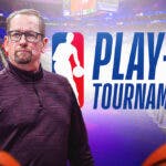 76ers' Nick Nurse standing next to the NBA play-in tournament logo
