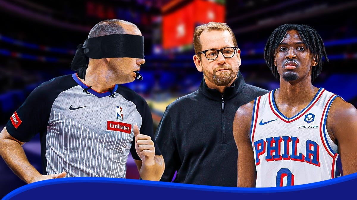 76ers' Nick Nurse and Tyrese Maxey angry, with a blindfold on referee John Goble