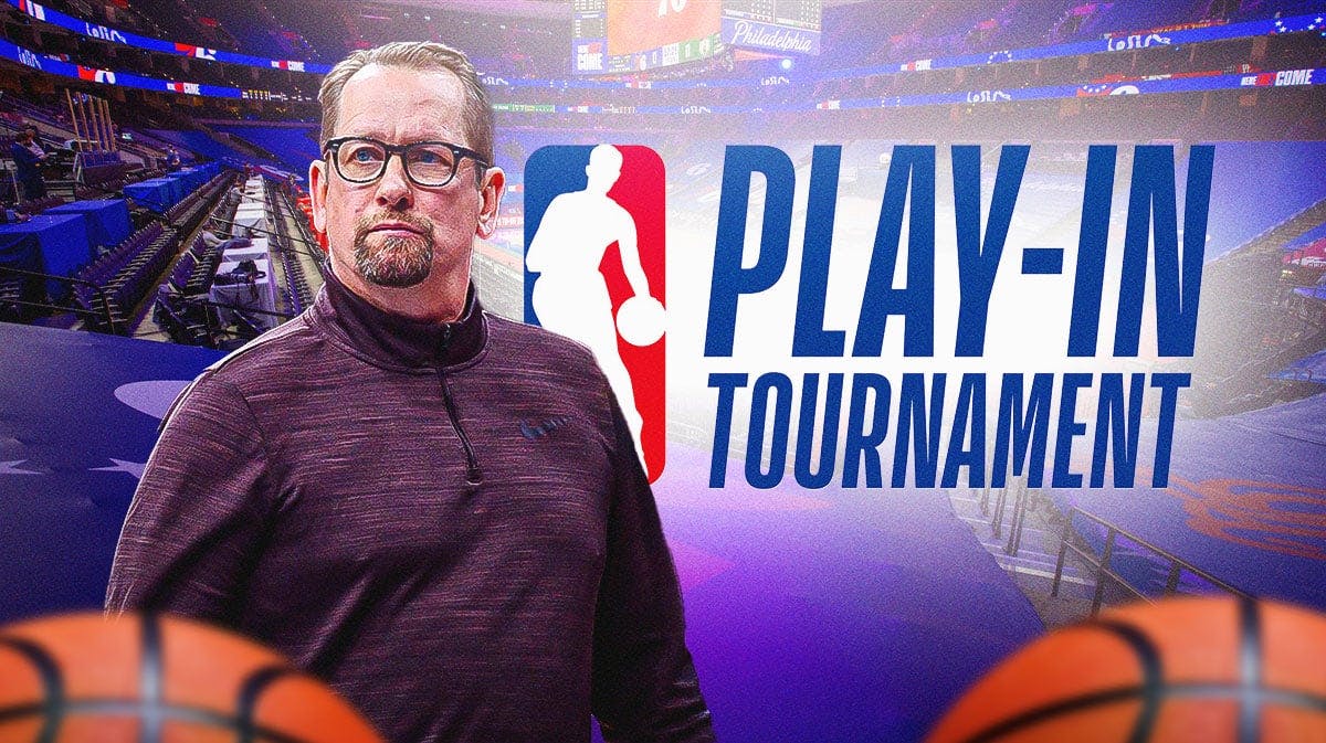76ers' Nick Nurse standing next to the NBA play-in tournament logo