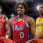 76ers' Tyrese Maxey standing in front of Bulls' Michael Jordan and Lakers' Kobe Bryant
