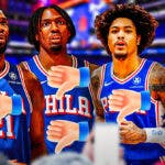 76ers Joel Embiid, Tyrese Maxey, Kelly Oubre Jr., and Tobias Harris with thumbs down emojis all around.