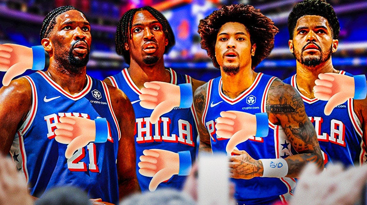 76ers Joel Embiid, Tyrese Maxey, Kelly Oubre Jr., and Tobias Harris with thumbs down emojis all around.