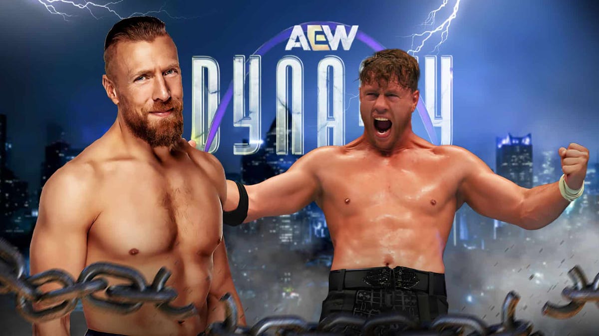Will Ospreay and Bryan Danielson in front of the AEW Dynasty logo.