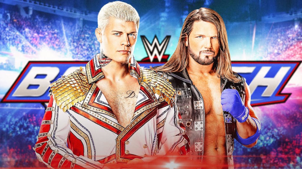 Cody Rhodes and AJ Styles in front of the 2024 WWE Backlash logo.