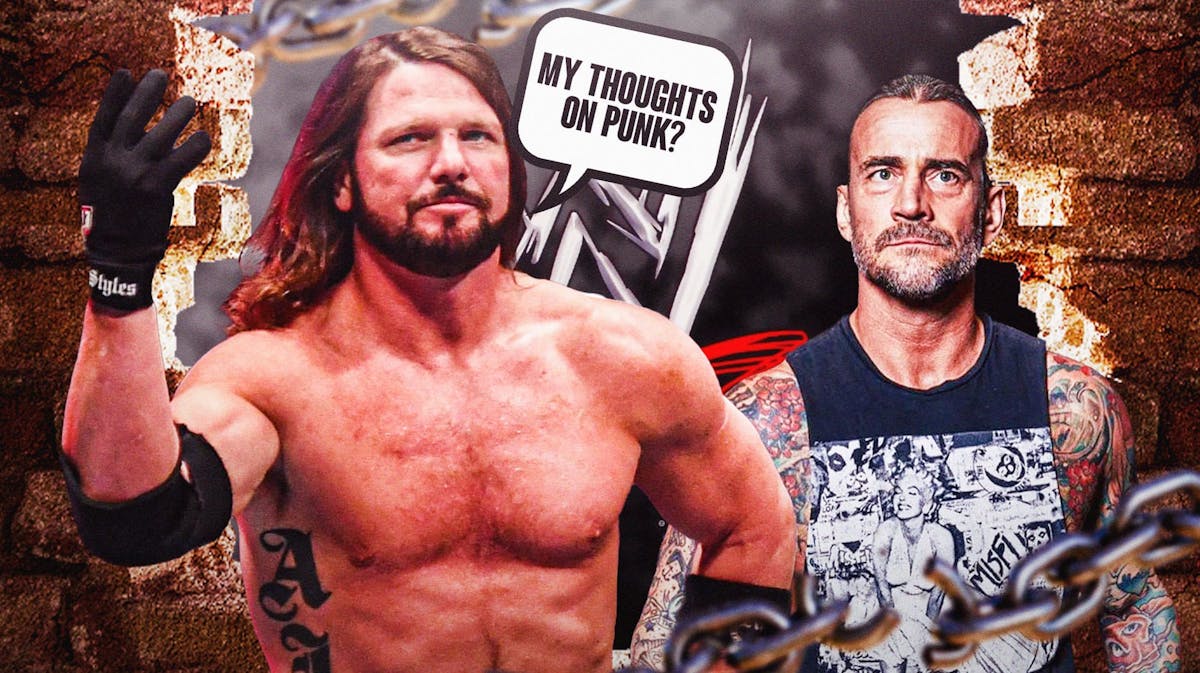 AJ Styles "My thoughts on Punk?" next to CM Punk with the WWE logo as the background.
