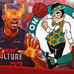 Heat star Jimmy Butler with fire in his eyes, Celtics, Kaseya Center in back