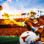 Texas football QB Arch Manning throwing a flaming football
