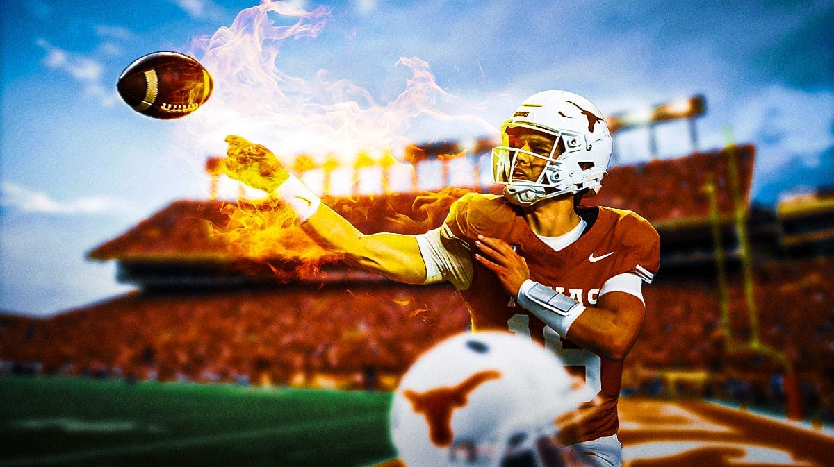 Texas football QB Arch Manning throwing a flaming football
