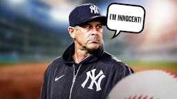Yankees manager Aaron Boone with speech bubble: 'I'm innocent!'