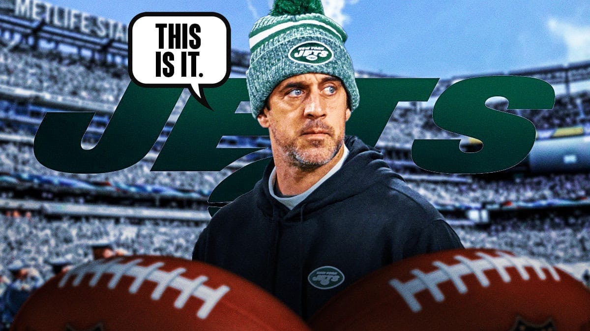New York Jets quarterback Aaron Rodgers with a speech bubble that says “This is it.” with Metlife Stadium in the background.