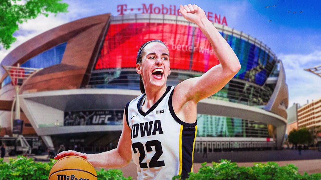 Caitlin Clark celebrating T-Mobile Arena in the background.