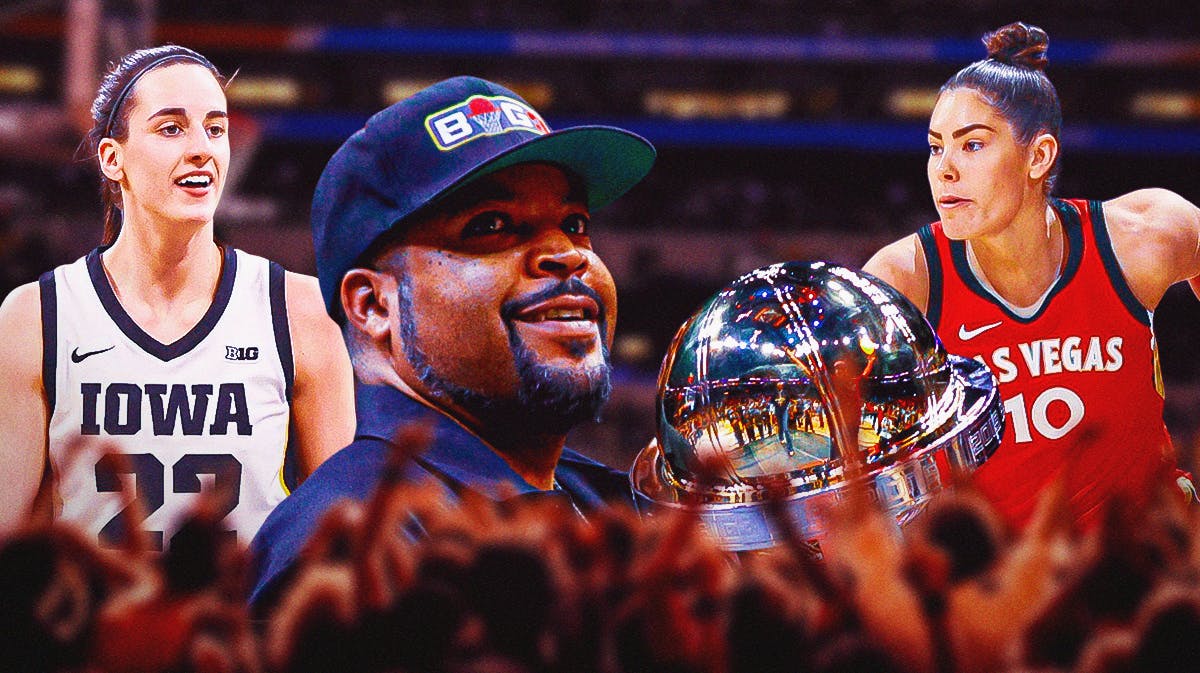 Ice Cube holding the Big 3 trophy and Caitlin Clark and Kelsey Plum are on his sides
