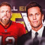 Adam Copeland is wearing a Tom Brady Tampa Bay Buccaneers jersey next to Tom Brady with the AEW logo as the background.