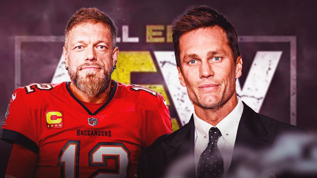 Adam Copeland is wearing a Tom Brady Tampa Bay Buccaneers jersey next to Tom Brady with the AEW logo as the background.