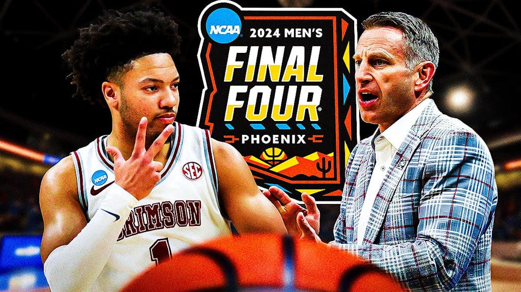 Alabama basketball, UConn basketball, Final Four, March Madness, Alabama UConn, Nate Oats and Mark Sears with 2024 men's final four logo in the background